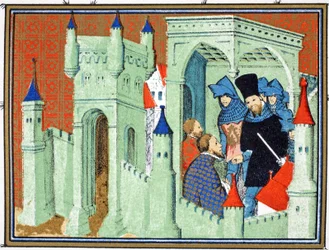 Interiér hradu Chester, když vévodové z Exeteru a Surrey doručují královský vzkaz vévodovi z Lancasteru, faksimile kopie z Le Prinse et Mort du Roy Richart od Jeana Cretona, přetištěno 19.